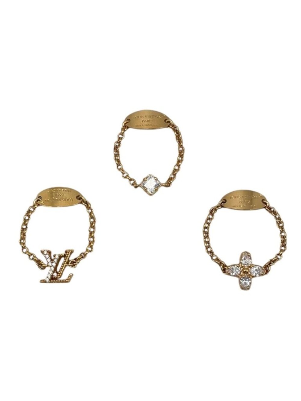 Louis Vuitton Ring Set LV L Metal Chain Monogram Flower Strass Rhinestone Gold
